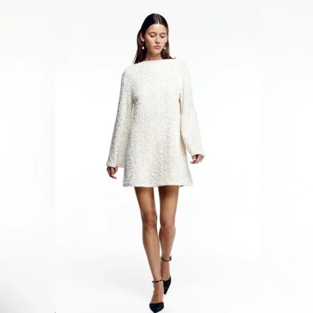 H&M Sequin Mini Dress with Low Back Bow Detail Size Large White Dress
